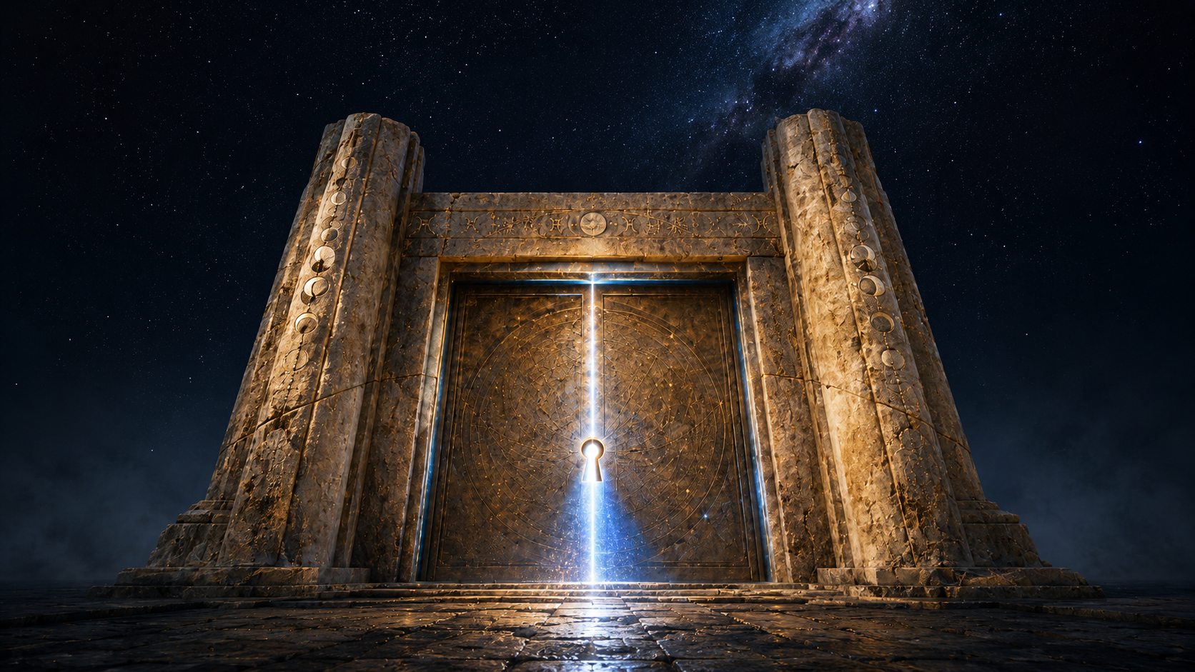 A carved stone gateway beneath a field of stars, light escaping through the keyhole